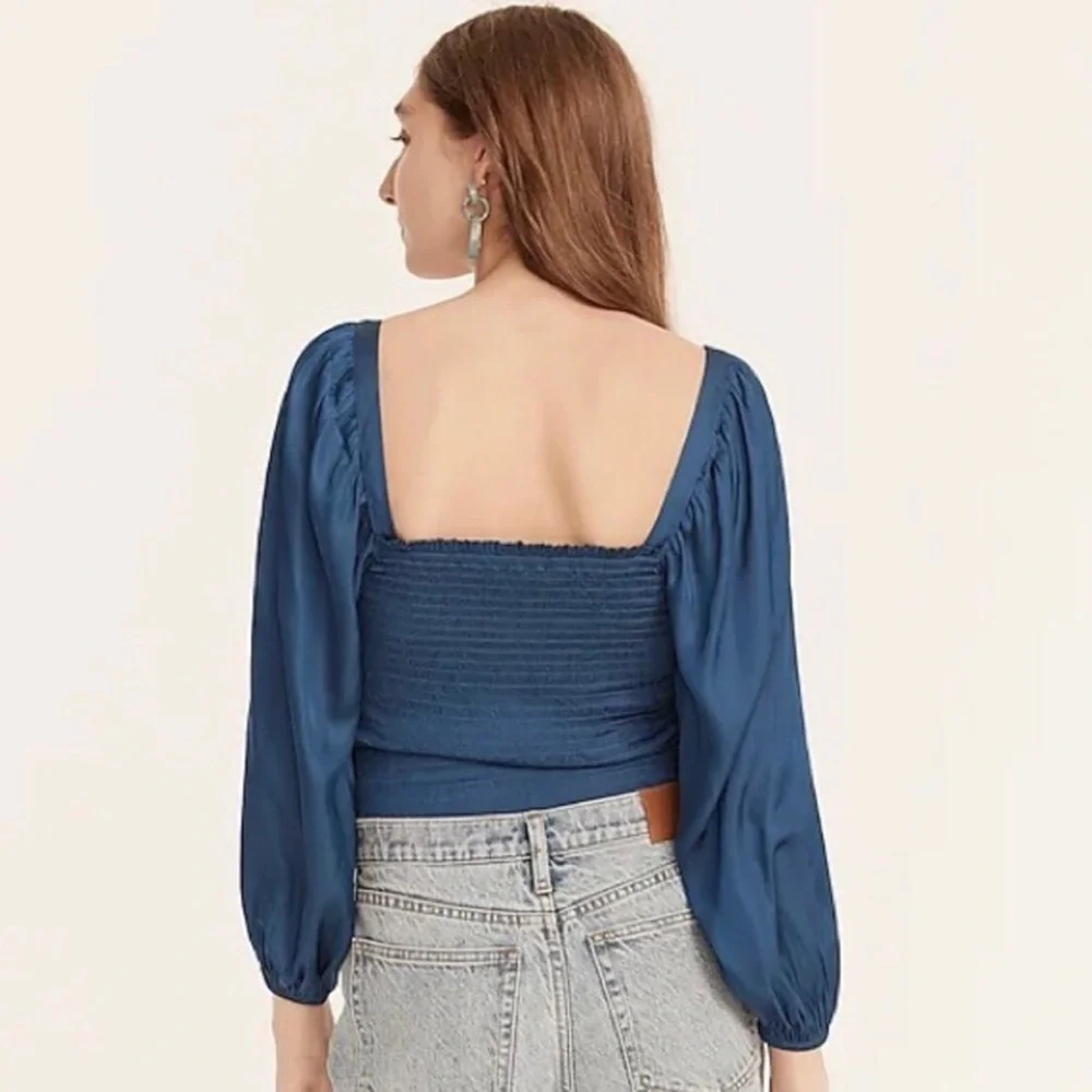 J.CREW | SQUARENECK SMOCKED FEATHERWEIGHT SATIN CROP TOP IN ROYAL PEACOCK LARGE - Picture 2 of 9